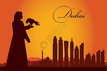 迪拜市天际环影背景全景明信片文化海报传统插图旗帜摩天大楼城市建筑学图片