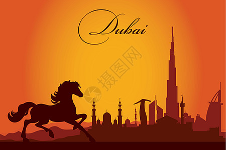 迪拜市天际环影背景沙漠全景太阳旗帜旅行建筑地标摩天大楼酒店文化图片