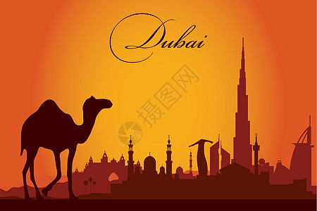 迪拜市天际环影背景天空明信片太阳传统酒店旗帜日落摩天大楼景观建筑图片