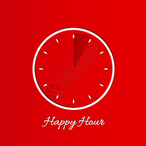 带时钟的快乐小时背景红色插图标签派对工作邮票手表卡片白色横幅图片