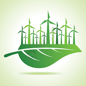 生态学概念     带风力磨机库存矢量的叶子生态绿色农场力量插头气候环境工业插图世界图片