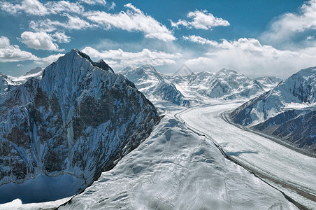 Fedchenko 塔吉克斯坦的冰川全景山脉蓝色风景高度山峰图片