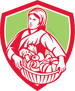妇女有机农民篮子收获盾牌回收插图艺术品工人南瓜农业波峰农场蔬菜水果女士图片