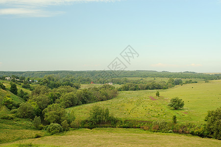 青蓝天空和森林的小河流附近的绿草地背景图片