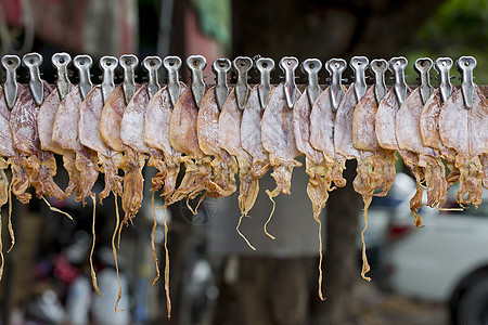 在Bangkok街头销售的烤鱿鱼海鲜美食大车城市街道人行道烧烤盘子传统生活图片