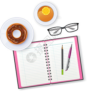 带笔记本和茶叶的场景工作教科书药片蛋糕桌子杯子文档午餐软垫商业图片