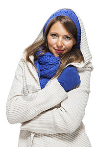 关上冬装时的笑脸女郎蓝色黑发长发魅力季节快乐针织针织品围巾衣服图片