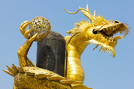 巨大的金金中国龙旅游生物建筑学崇拜庆典运气传统艺术警卫雕塑背景图片