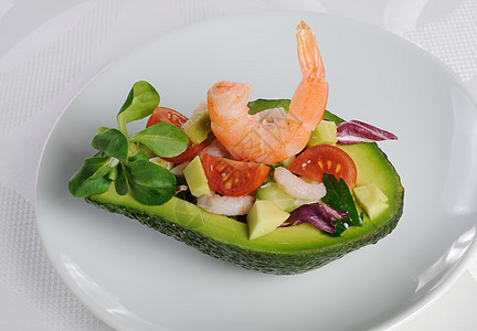 开胃菜 有虾的鳄梨厨房维生素早餐午餐西红柿海鲜小吃饮食陶器沙拉图片