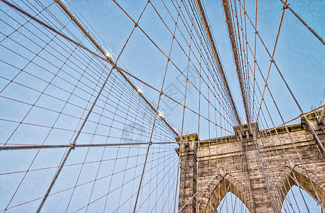 日落时布鲁克林桥历史性景观旅行建筑学城市蓝色地标金属天空图片