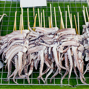 BBQ 夹在棍子上 烤烤黄油新鲜鱿鱼准备吃食物触手小吃美食油炸柠檬海洋炙烤乌贼沙拉图片