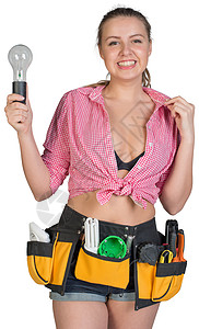 工具带中妇女持有灯泡衬衫出线盒工作室工作职业工人维修卷尺女性劳动图片