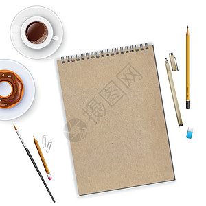 带笔记本和咖啡的工作空间午餐教科书办公室刷子笔记铅笔眼镜商业插图药片图片