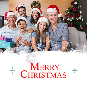 大家庭在圣诞节帽子和客厅礼品盒中装着圣诞礼帽的复合形象父母小玩意儿祖父兄弟姐妹父亲雪花礼物盒贺卡家庭男生图片
