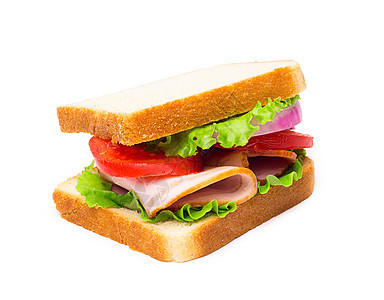 配有培根和蔬菜的三明治包子美食摄影午餐面包小吃洋葱火腿白色食物图片
