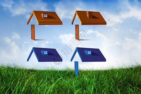 房屋结构的复合图象绿地场地蓝色房子晴天棕色沥青公园住所窗户图片