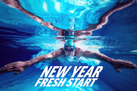 由他自己进行健身游泳训练的复合形象肌肉身体游泳者男性泳裤生活方式新年闲暇水池活动图片