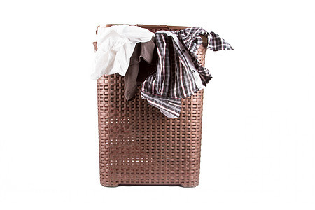 带衣服的洗衣篮衣篮洗衣店家务棘爪折痕织物塑料打扫白色棕色图片