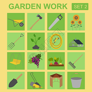 花园工作图标集 工作工具手套收藏插图独轮车靴子农场种子蔬菜园艺水果图片