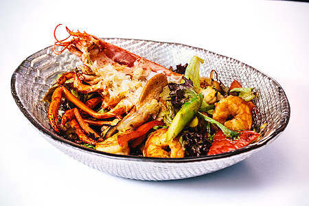 意大利风格的龙虾沙拉杂草午餐美食螃蟹烟草海鲜用餐动物烹饪海藻图片