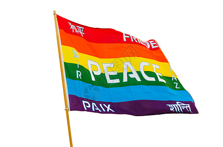 彩虹多彩彩色和平旗 带有多语种和平文本i图片