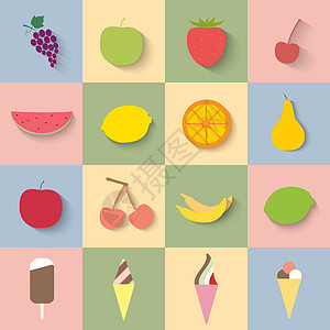 平面图标水果和冰淇淋巧克力收藏橙子甜点香蕉柠檬网络插图味道阴影图片