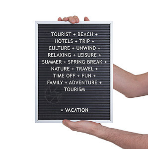 在非常古老的菜单板上的塑料字母中的假期概念旅行男人春假时间度假村取力器菜单框架木板驾驶图片