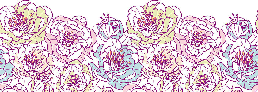 彩色线条艺术花朵水平无缝图案背景边框图片