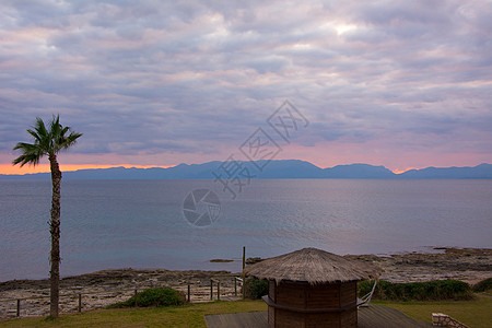 海滩日落天空橙子海洋小屋棕榈图片