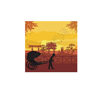 中国人力车栏杆太阳寺庙阳光旅行旅游场景天空日落天际图片