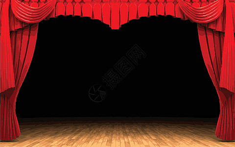 红天鹅绒幕帘打开场景行动播音员展示红色剧院织物艺术观众窗帘剧场图片