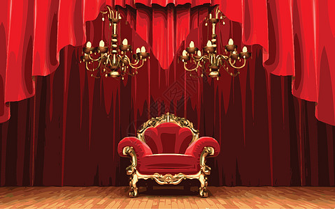红色幕幕台上的叶子椅窗帘歌剧观众手势织物沙发场景气氛艺术行动图片