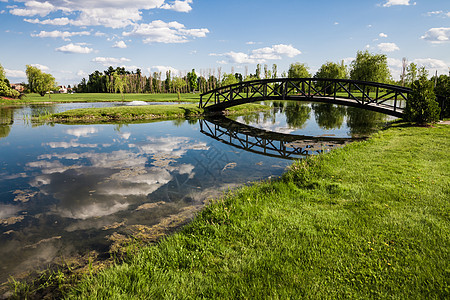 小桥过池塘木头高尔夫球行人场景天桥灯柱小路晴天反射花园图片