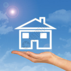 手持主楼图标 天空 云和太阳的背景白色辉光蓝天手臂房子太阳阳光射线手掌蓝色图片
