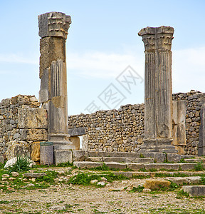 罗马古老的罗曼腐烂的纪念碑 在非洲摩洛科瓦卢比利斯遗产马赛克考古学化石建筑学场地旅行文化历史堡垒图片