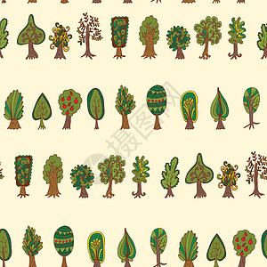 无缝手工拖式手绘方式 带有涂面林树花园森林盆栽树干橡木涂鸦桦木衬套叶子季节图片