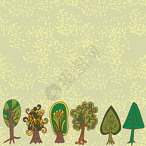 无缝手工拖网边界图案 带有涂面林树花园手绘橡木森林桦木木头艺术涂鸦盆栽季节图片