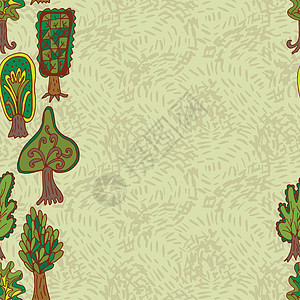 无缝手工拖网边界图案 带有涂面林树盆栽树干衬套收藏桦木木头叶子花园涂鸦艺术图片