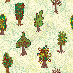 无缝手工拖式手绘方式 带有涂面林树橡木叶子木头收藏插图森林盆栽花园树干涂鸦图片
