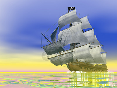 3D型海盗船海洋旅行勘探航海蓝色航程帆船插图黄色桅杆图片