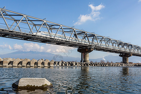 Shinkansen和藤山天空顶峰场景公吨蓝色火山白色干线铁路旅行图片