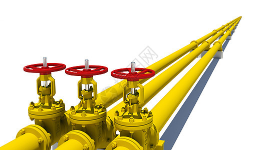 三个黄色管道 装有阀门金属气体天然气管子螺栓工业图片