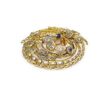 大量金首饰的收藏钻石项链奢华女性戒指配饰宏观吊坠金属石头图片