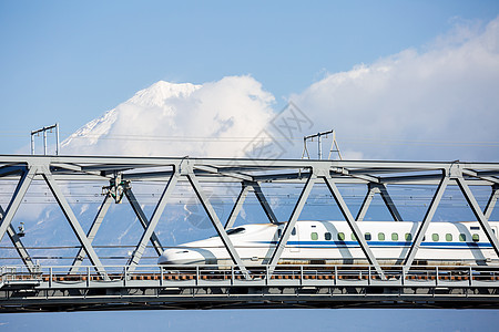 Shinkansen和藤山地标蓝色公吨风景铁路天空干线白色火山场景图片