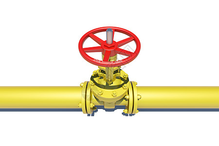 高度精密的三维模型阀门和管道工程龙头坚果天然气控制螺栓金属管子导管黄色背景