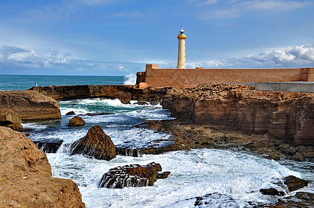 摩洛哥拉巴特灯塔公司岩石导航安全首都白色海洋灯塔旅行石头城市图片