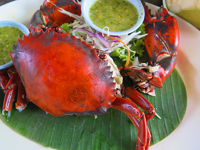 用海鲜酱把螃蟹关起来橙子市场动物食物白色餐厅红色海鲜美食图片