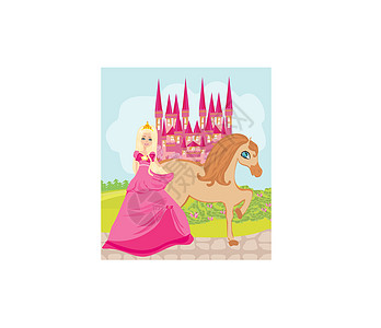 美丽的公主和她的可爱的马女孩城堡古装鬃毛母马评书女王微笑尾巴裙子图片