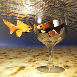 Goldfish玻璃数码插图反射鱼缸自由情怀孤独3d友谊监狱寂寞感情图片