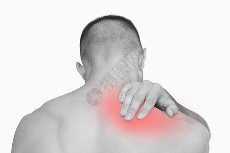 看见无衣男子颈部疼痛的近视膀子卫生辉光压力背痛按摩身体肩膀男性保健背景图片